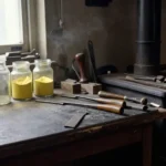 Banco de taller del siglo XIX con láminas de caucho y azufre