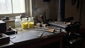 Banco de taller del siglo XIX con láminas de caucho y azufre