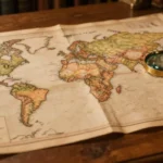 Mapa antiguo sobre una mesa con lupa y compás