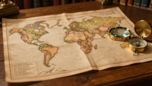 Mapa antiguo sobre una mesa con lupa y compás
