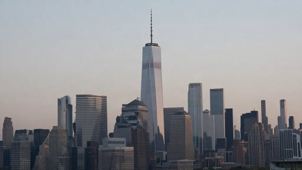 Torres muy estrechas y altas en el perfil de Manhattan al atardecer