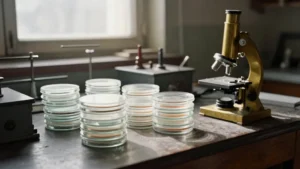 Placas de Petri apiladas y un microscopio antiguo sobre una mesa de laboratorio