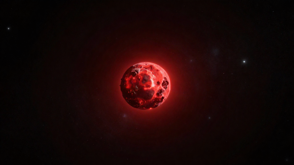 Una enana roja y un planeta rocoso en el vacío, con miles de estrellas al fondo