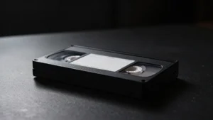 Cinta de vídeo antigua sobre una mesa oscura iluminada de lado