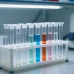 Gradilla con tubos de muestra en un laboratorio
