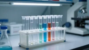 Gradilla con tubos de muestra en un laboratorio