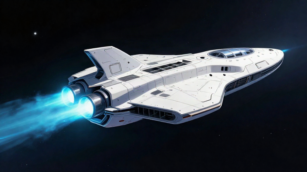 Ilustración de una nave con propulsión de fusión y un penacho de plasma azul