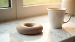 A small matte donut-shaped device resting on a marble kitchen counter beside a cup of coffee, warm morning light through a window. Elegant product photography, soft neutral palette
