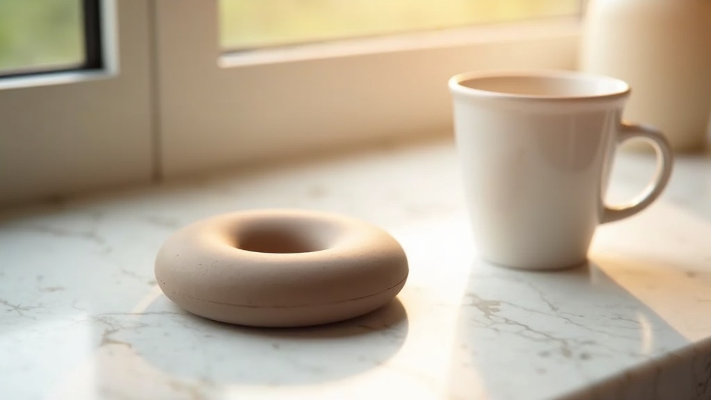 A small matte donut-shaped device resting on a marble kitchen counter beside a cup of coffee, warm morning light through a window. Elegant product photography, soft neutral palette