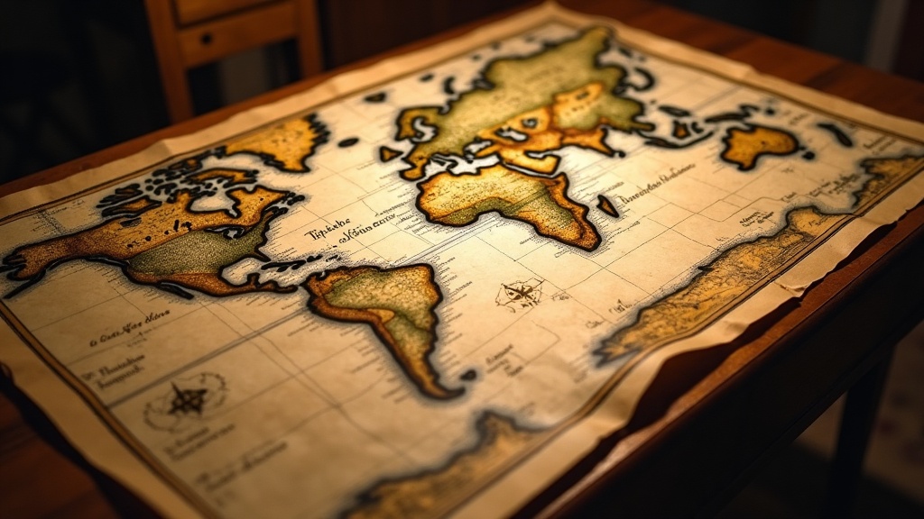 Un mapa antiguo del Atlántico extendido sobre una mesa de madera con un compás de latón y una pluma, iluminado por la luz de una vela, tonos sepia y dorados, detalle de cartografía