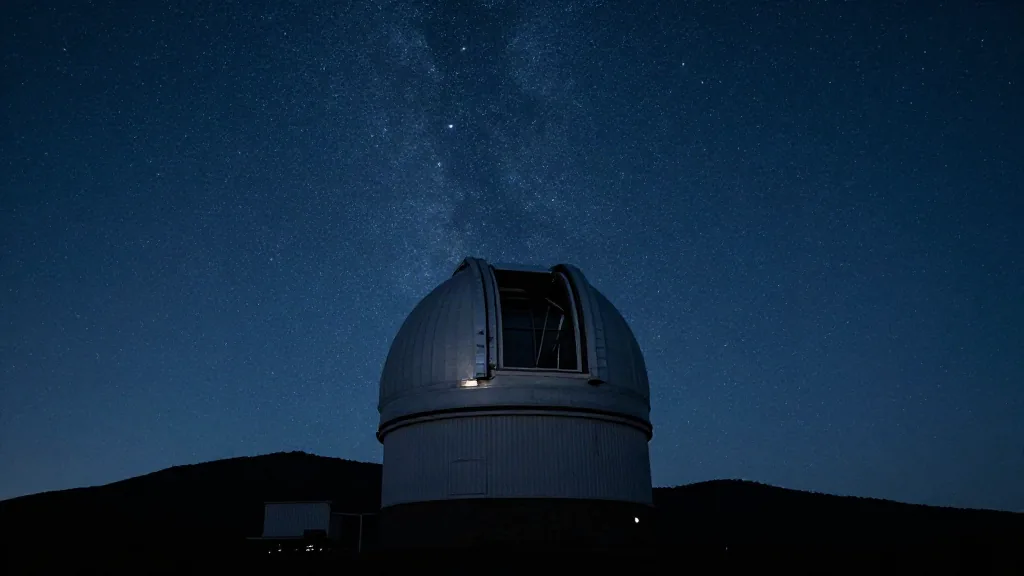 Cúpula de observatorio abierta de noche bajo un cielo estrellado