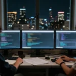 Dos estudiantes ante tres monitores con código en una habitación con la ciudad de noche al fondo