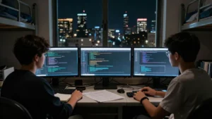 Dos estudiantes ante tres monitores con código en una habitación con la ciudad de noche al fondo