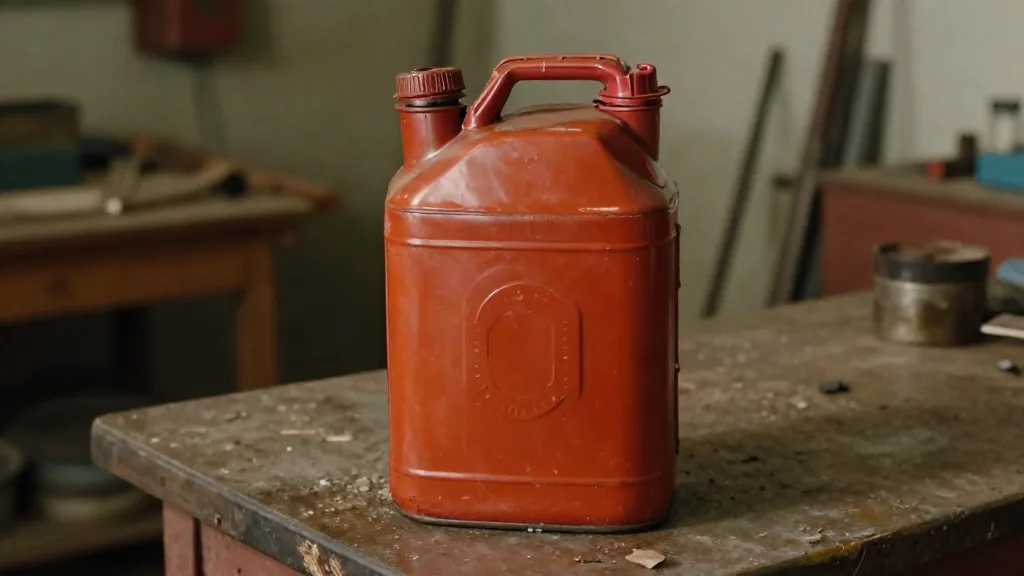 Lata de aceite de motor de los años cincuenta en un banco de taller