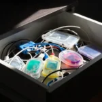 Un cajón abierto con cables enredados y aparatos de plástico translúcido de colores
