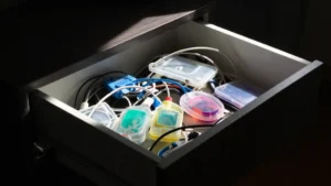 Un cajón abierto con cables enredados y aparatos de plástico translúcido de colores