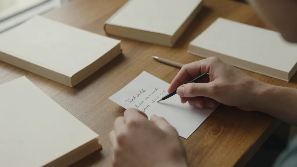 Manos anotando una idea en una ficha sobre una mesa de madera rodeada de libros de bolsillo