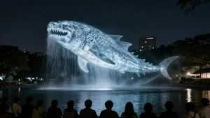 Un monstruo marino proyectado sobre niebla de agua en Tokio